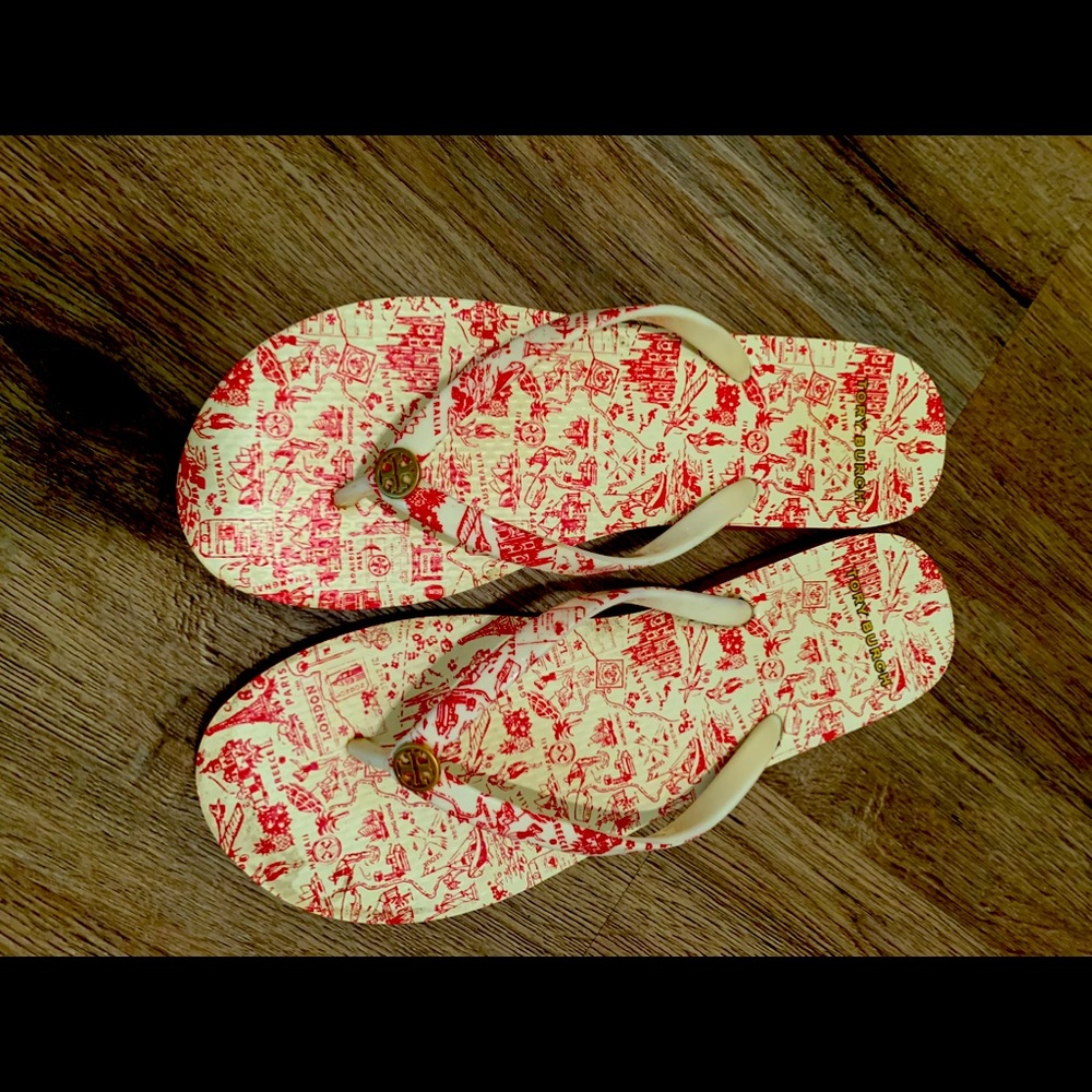 Tory Burch Thin Print Flip Flops red white Toile 8